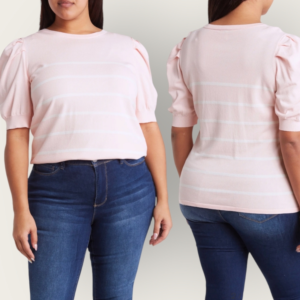 NEW Anne Klein Retro Crewneck Puff Sleeve Stripe Pink Top Plus Size 2X